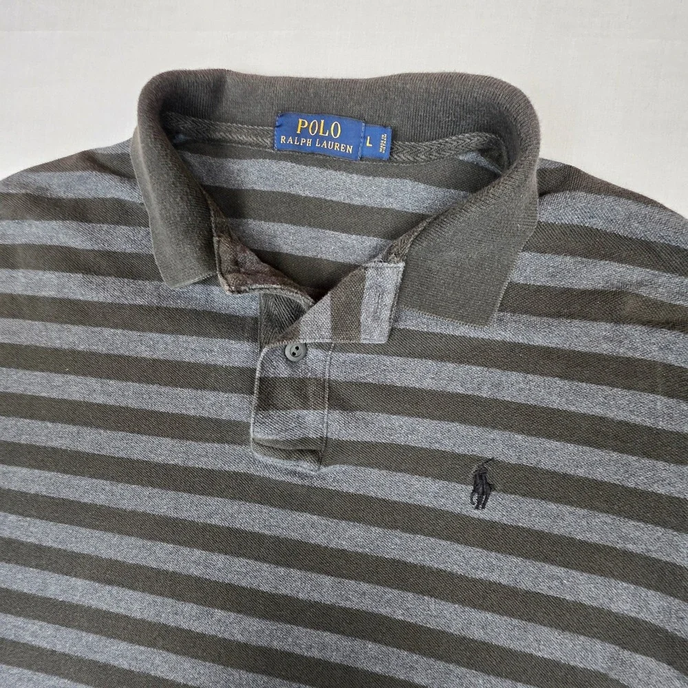 Polo Ralph Lauren Polo Shirt Mens L Gray Excellent Striped Short Sleeve Cotton